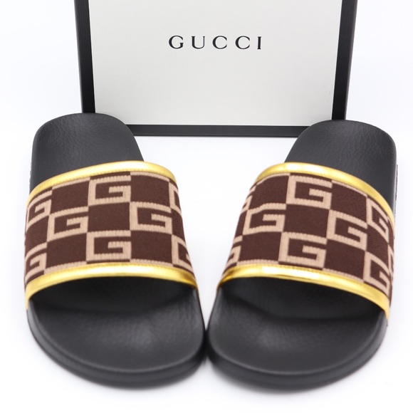Gucci Other - GUCCI Pursuit GG Knit Brown Gold Slide Sandals